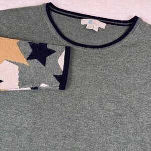 Boden Star Print Sleeve Wool Blend Sweater Women's XS Green Black Crew Neck